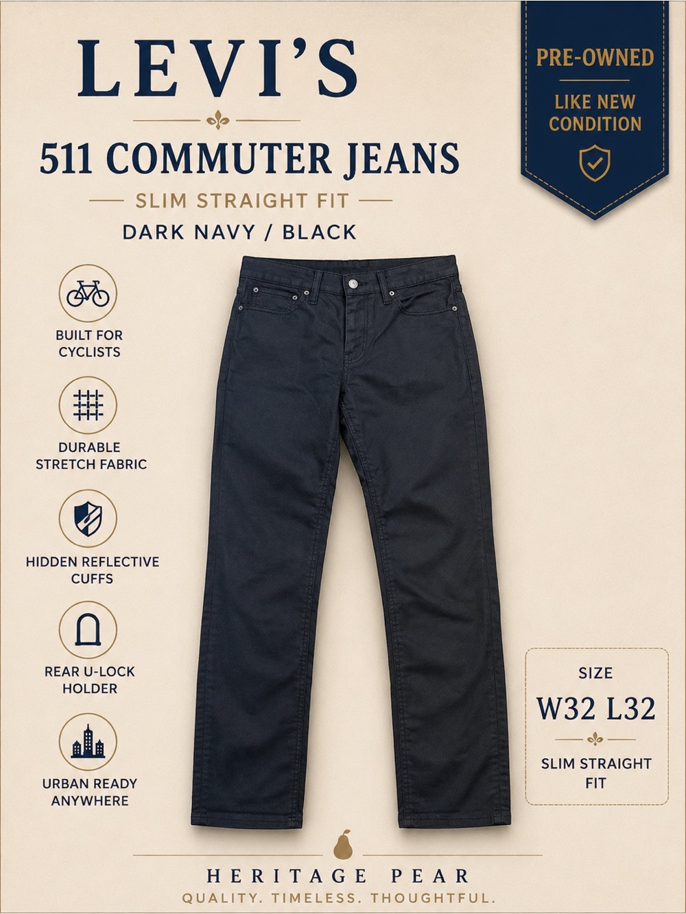 Levi’s 511 Commuter Slim Straight Cycling Jeans – Dark Navy/Black – W32 L32